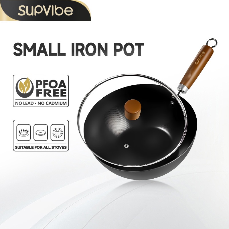 SUPVIBE Iron Pot NoCoating Non Stick Pan Hand Forged Forging with Lid ...