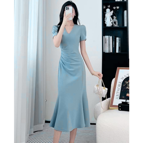 Korean dusty blue long dress for woman casual elegant plus size formal  bodycon party wedding dress