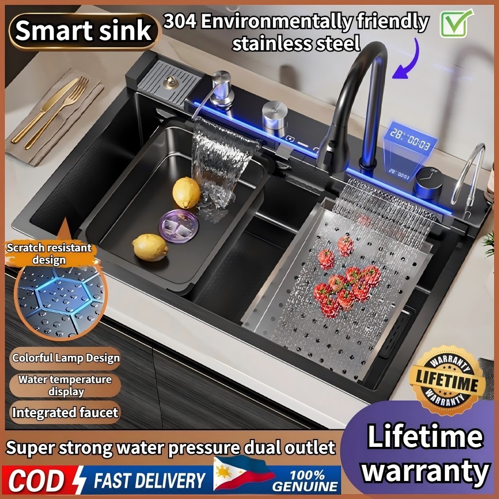 Stainless Steel Sink Digital Display Waterfall Kitchen Sink Bowl Wash ...