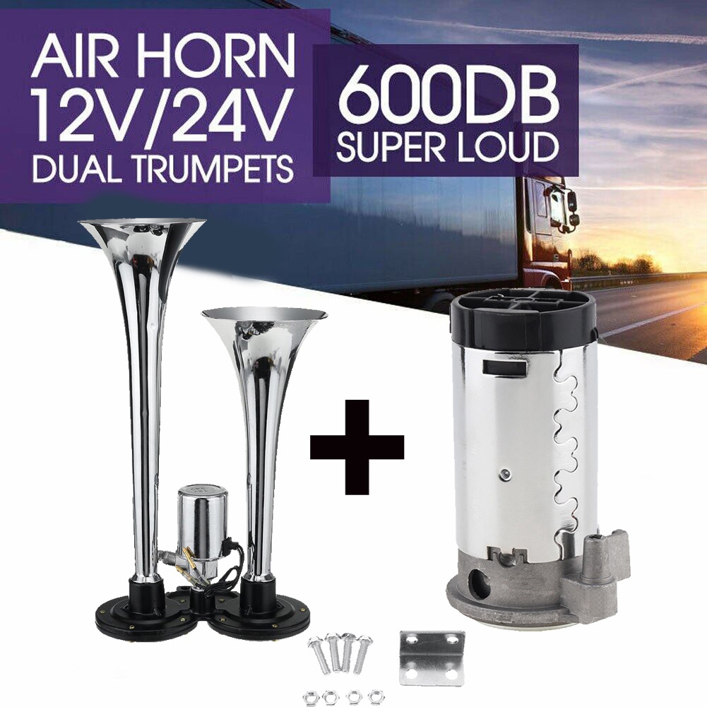 600DB Loud Dual Trumpet Train Air Horn Compressor Kit - 12V For Trucks, RV, Car, Boat