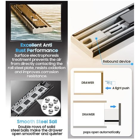 PUSH OPEN Hydraulic Drawer Full Extension 3 Fold Drawer Slide Guide ...