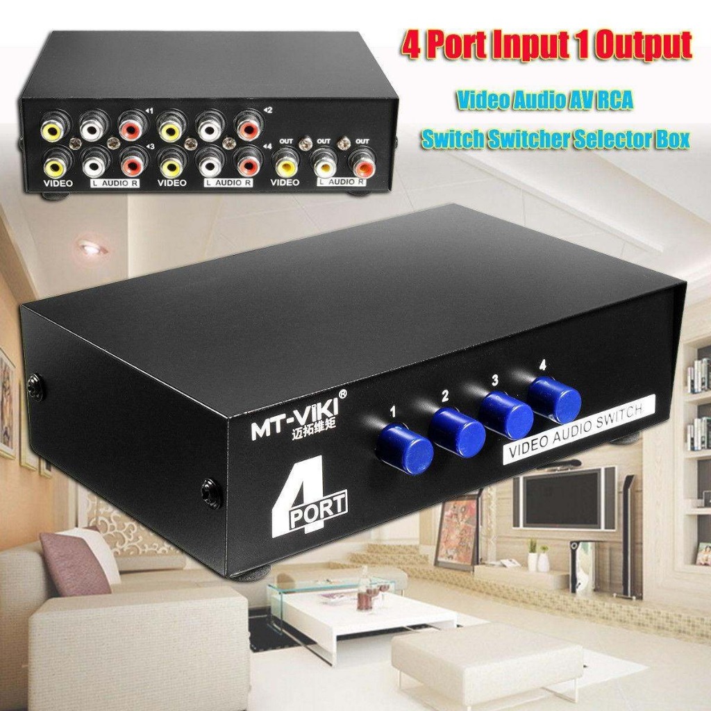 4 Port AV Switch RCA Switcher 4 in 1 Out Composite Video L/R Audio ...
