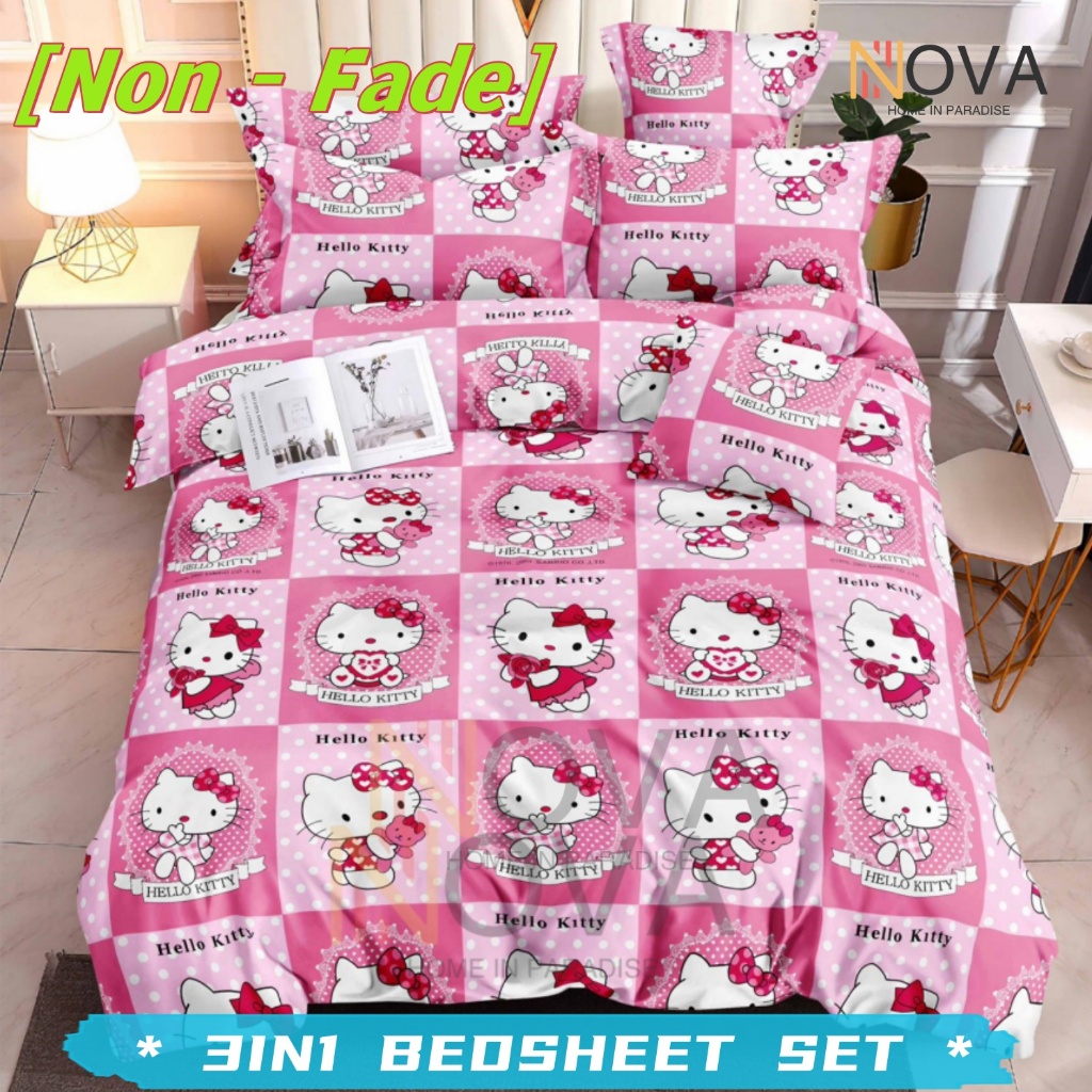 Pink Grid HELLO KITTY 3IN1 Bedsheet Canadian Cotton Fitted Sheet Full