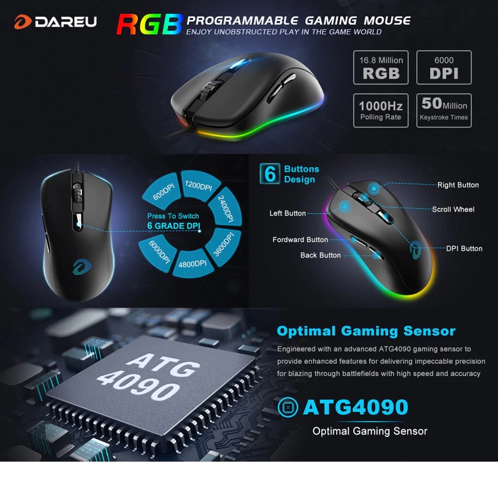 DAREU EM908 Black VICTOR Ergonomic 7 Backlit RGB Wired Gaming Mouse ...