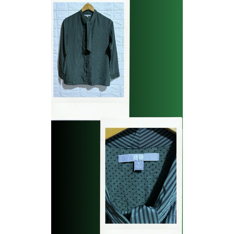 UNIQLO 100 polyester striped front tie button down longsleeve top