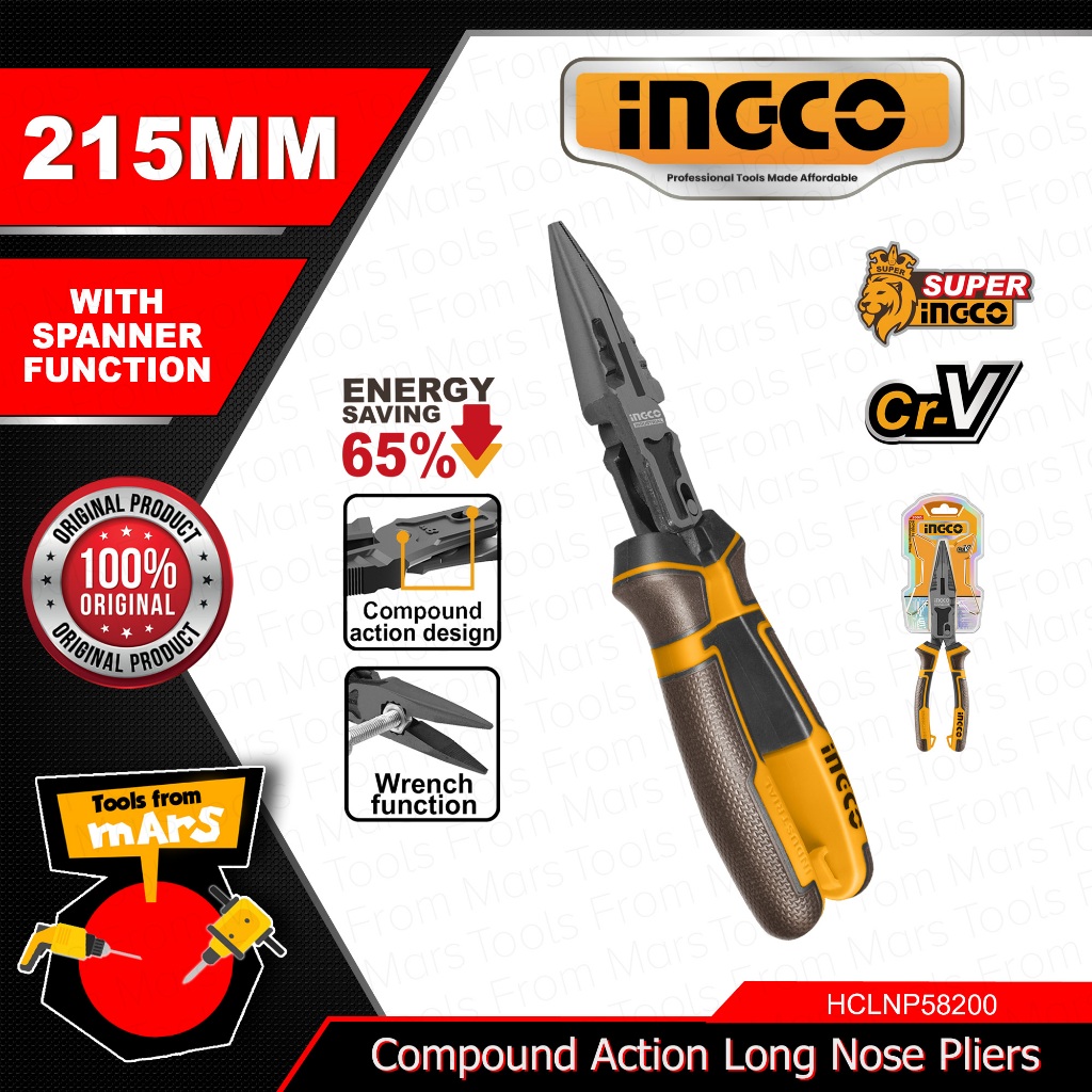 INGCO Cr-V Compound Action Long Nose Pliers 8.5