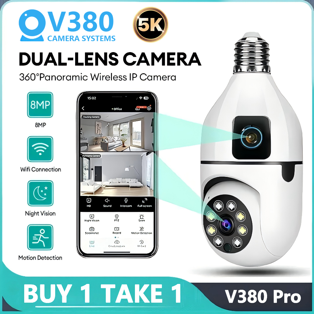 V380 Pro CCTV Bulb Camera No Wifi Needed Dual Lens 8MP+8MP 360° PTZ ...