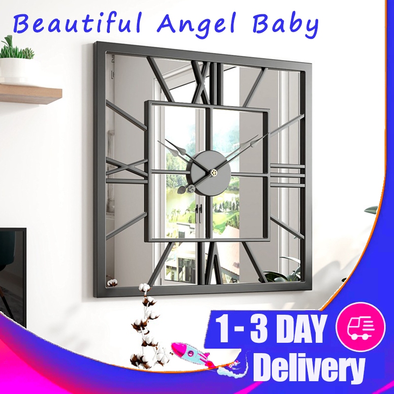 50cm Creative Mirror Square Roman Numerals Metal Clock Mute Decorative ...
