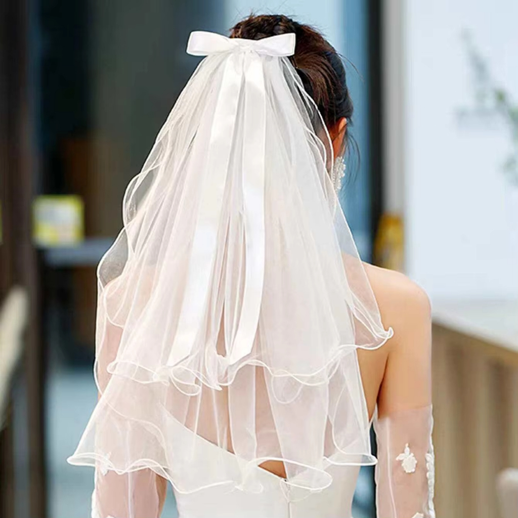 Wedding Bridal Veil Short Two-Layer Bow Ribbon Veil Party Bridal Gift ...