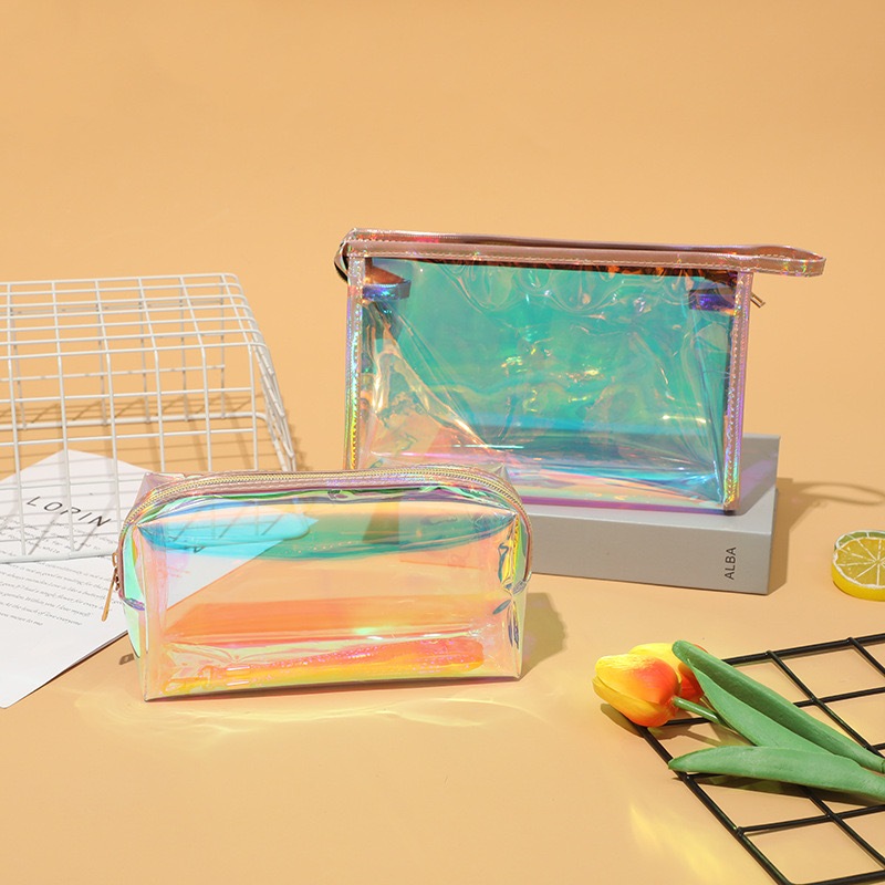 Holographic transparent toiletries and makeup kit pouch bag organizer ...