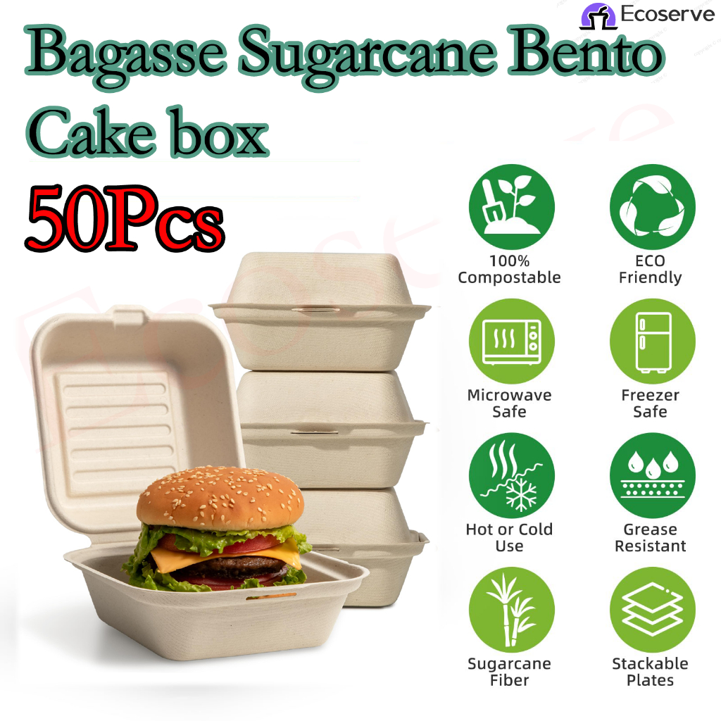 50'S 450ml Hamburger Box Bagasse Sugarcane Bento Cake Clamshell ...
