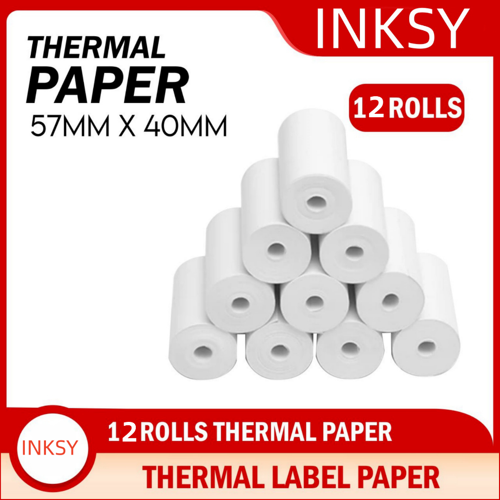 INKSY 12 Rolls 57mm x 40mm Thermal Paper for Thermal Printer (White ...