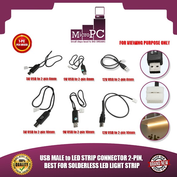 MICRO PC USB MALE to LED STRIP CONNECTOR 2-PIN, BEST FOR SOLDERLESS LED ...