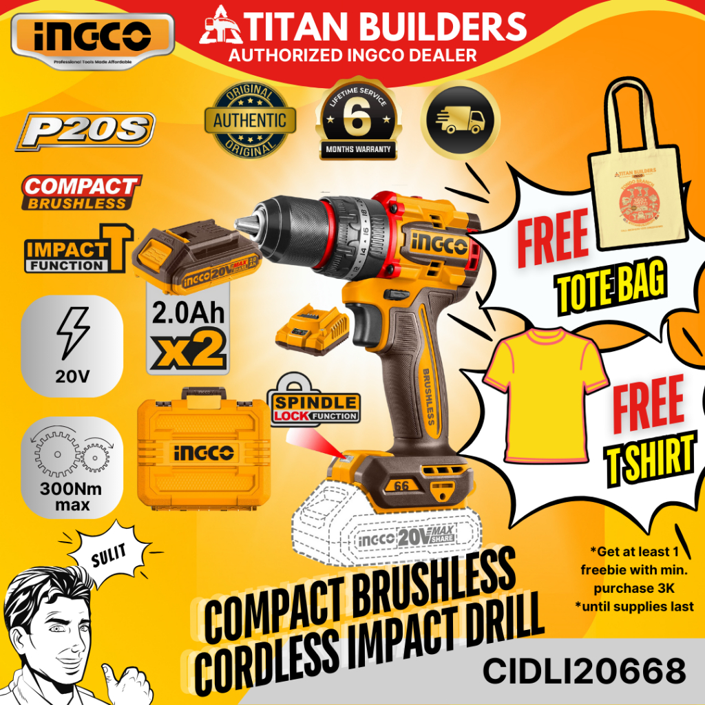 Ingco by Titan Cordless Impact Drill Brushless Compact 20V 66Nm 13mm ...