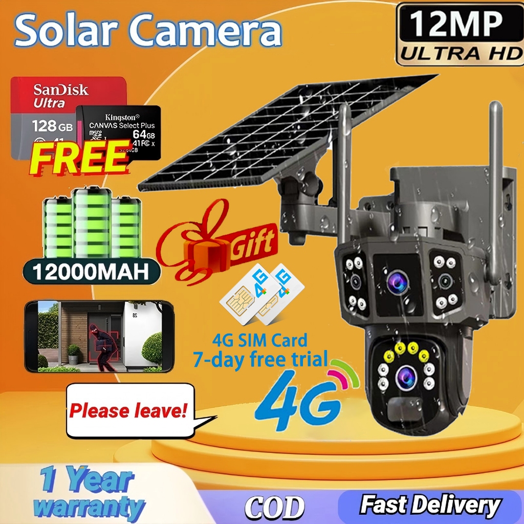 Free 12MP Solar CCTV Camera Three lenses 4G sim Card /wifi waterproof ...