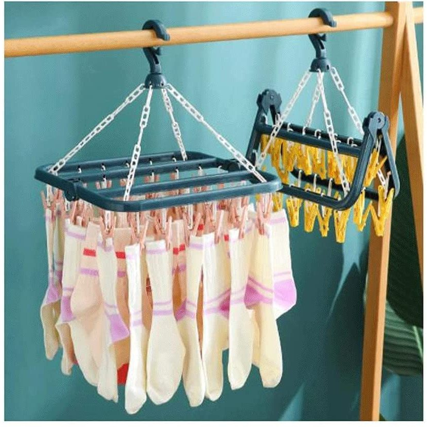 FAMILIFE Foldable Plastic Laundry Drying Rack with 32 Clips for Easy ...