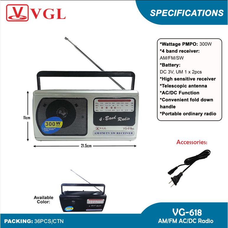 VGL AC/DC PORTABLE RADIO / Battery Operated or Electricity Operated( VG ...