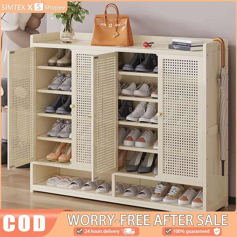 Shoe Rack Organizer With Rattan Door Shoe Rack In Cream Style Bamboo ...