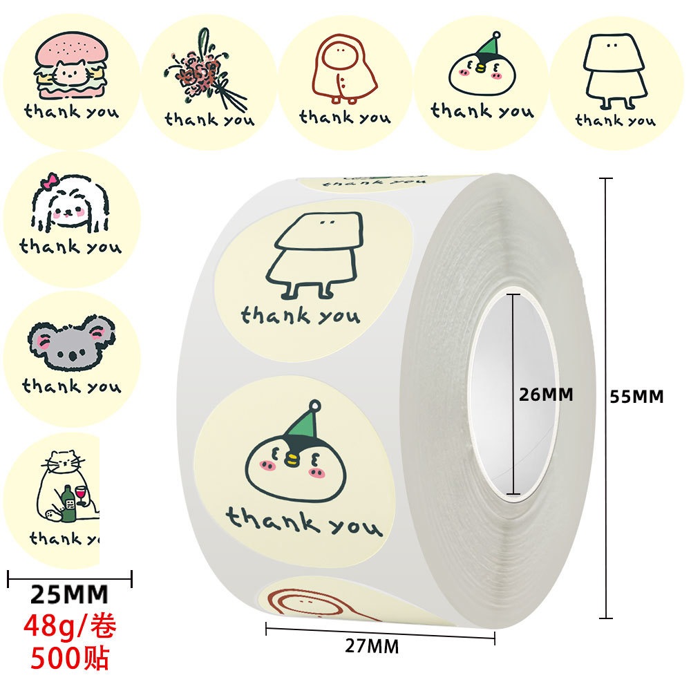 1Roll 500 pcs Thank You Thankyou tape ins cartoon Round Seal Sticker ...