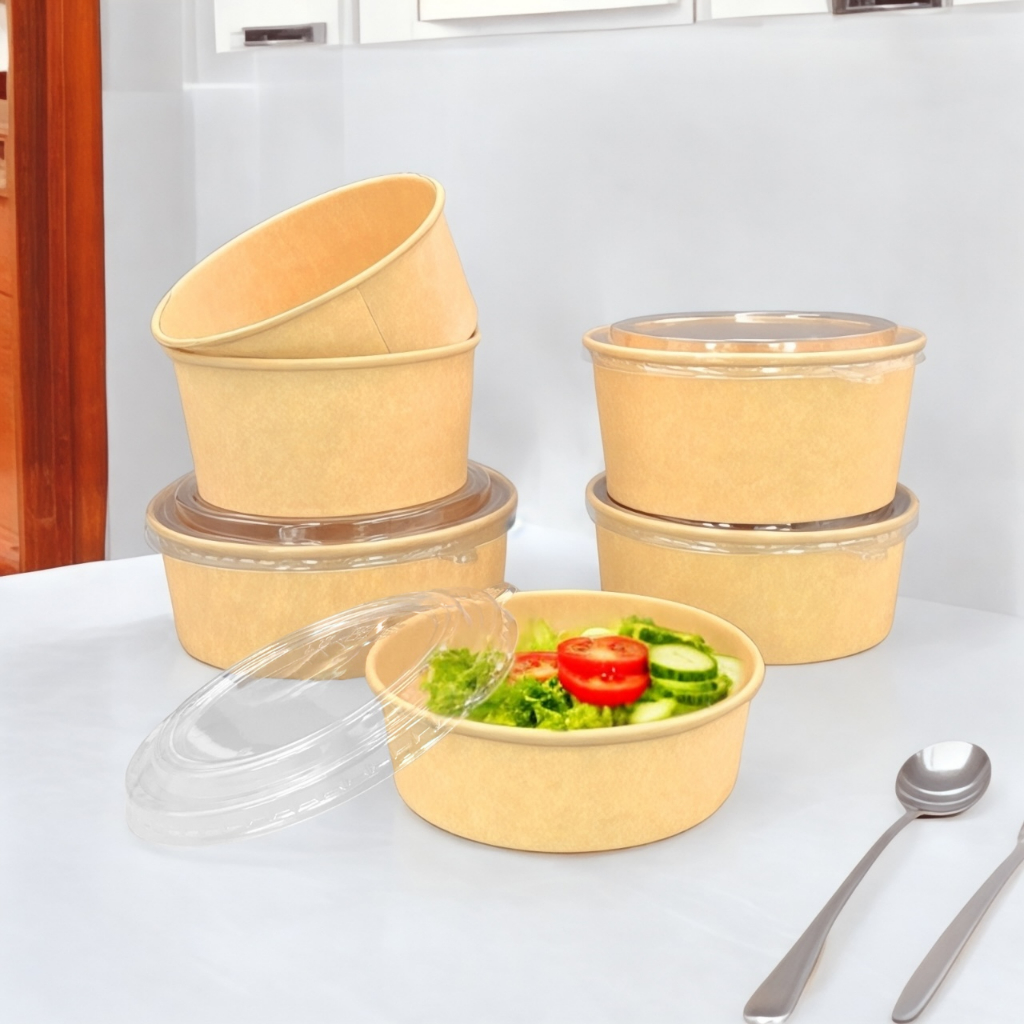 [10pcs] Kraft Paper Bowl with Plastic Lid Disposable Eco-friendly Salad ...