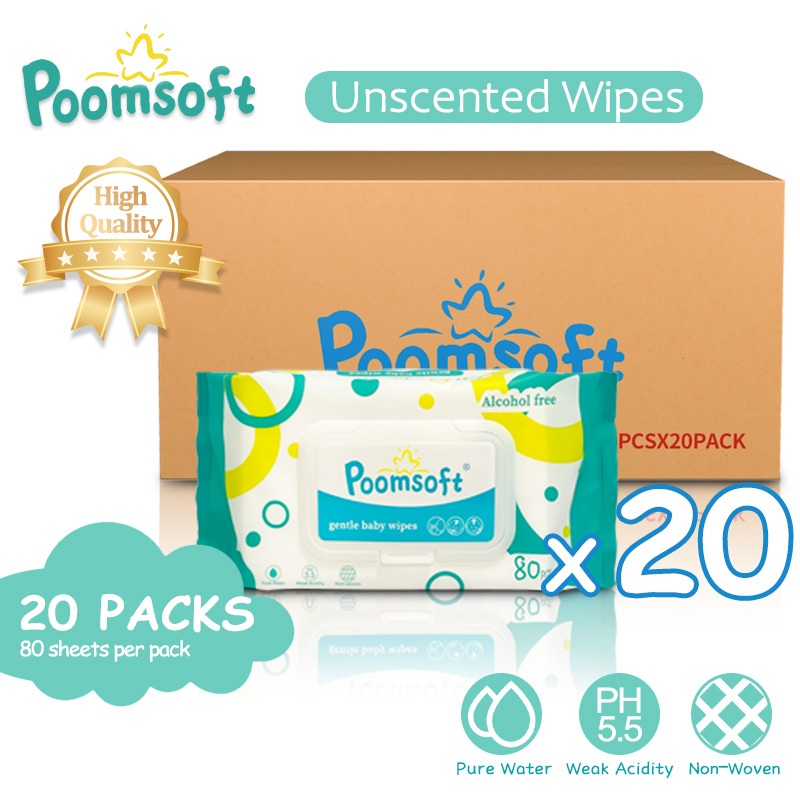 Poomsoft 20 Packs x 80 Sheet Unscented No-Alcohol Gentle Disposable ...