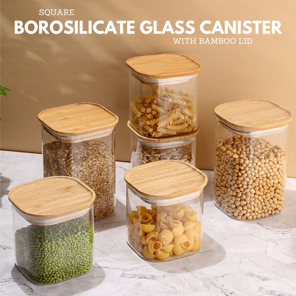 Square Borosilicate Glass Canister with Bamboo Lid Airtight Food Jar ...