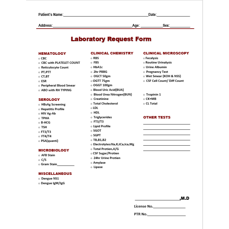Laboratory Request Form Pad (Generic / Personalized 100sheet PER PAD ...