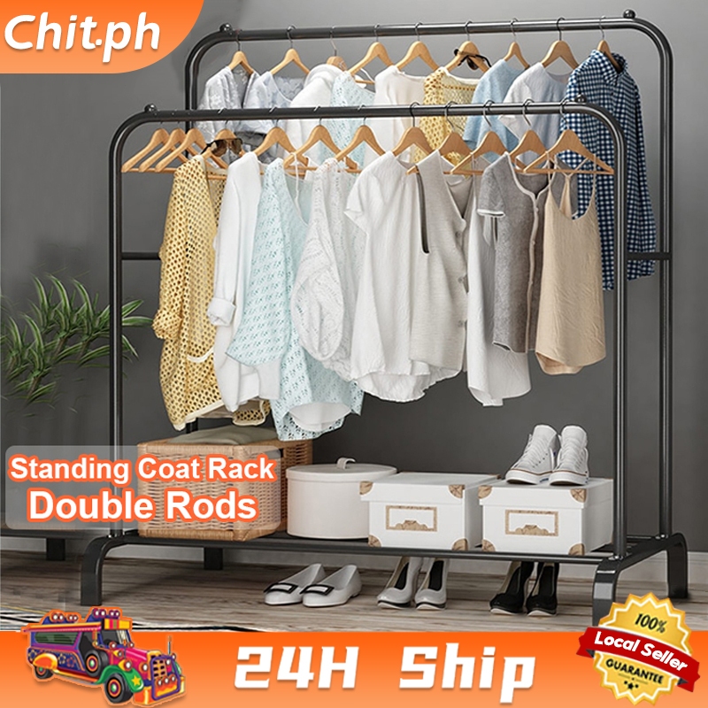 CHIT Floor Standing Coat Rack Double Rods Clothes Hanger Wardrobe ...