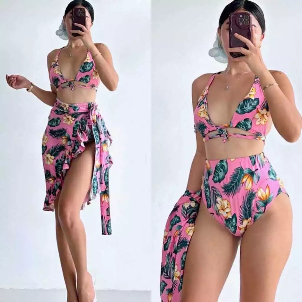 Strapless Bikini with Split Skirt Three Piece Swimsuit