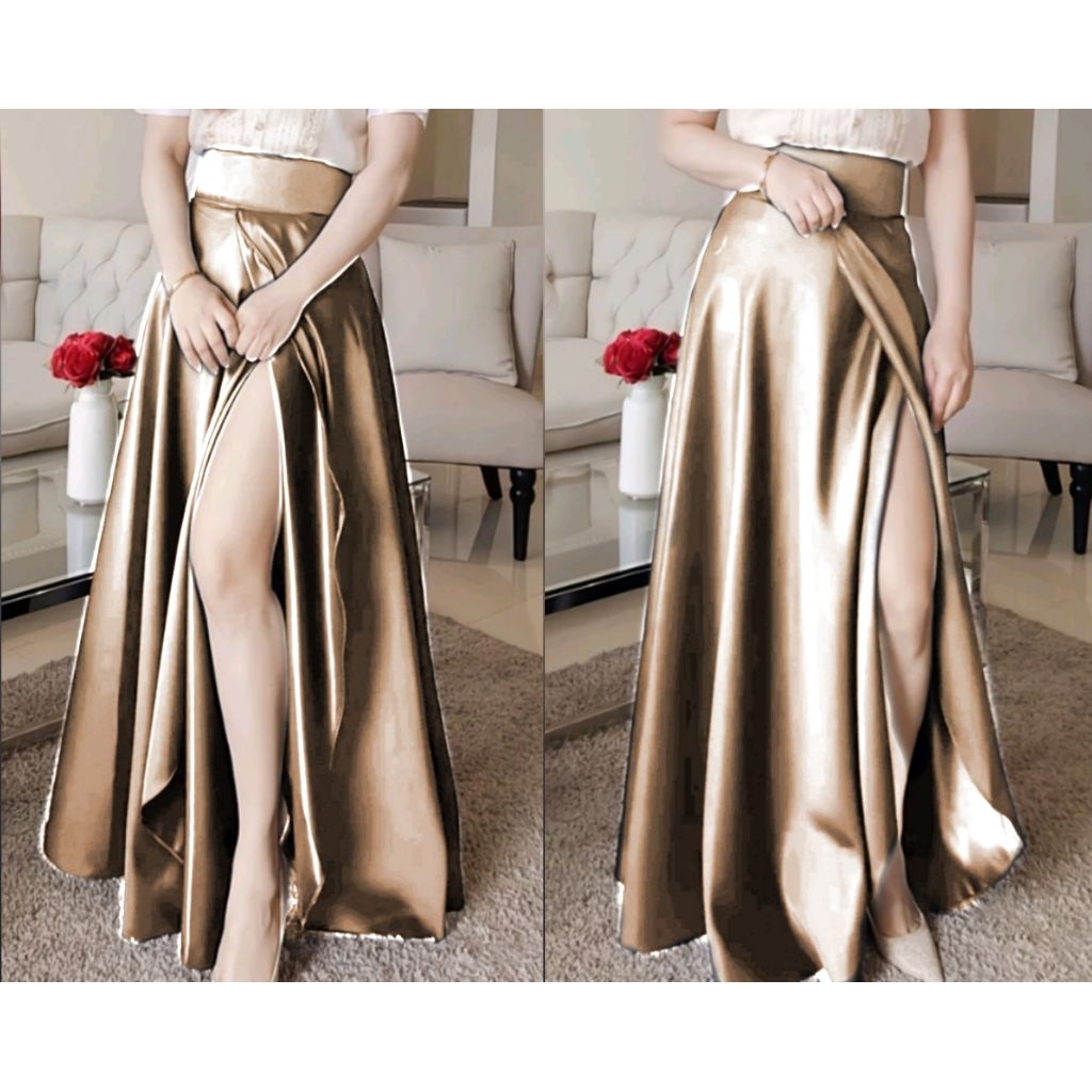 skirt Long highwaist overlap slit / lenght 42inches satin slik | Shopee ...