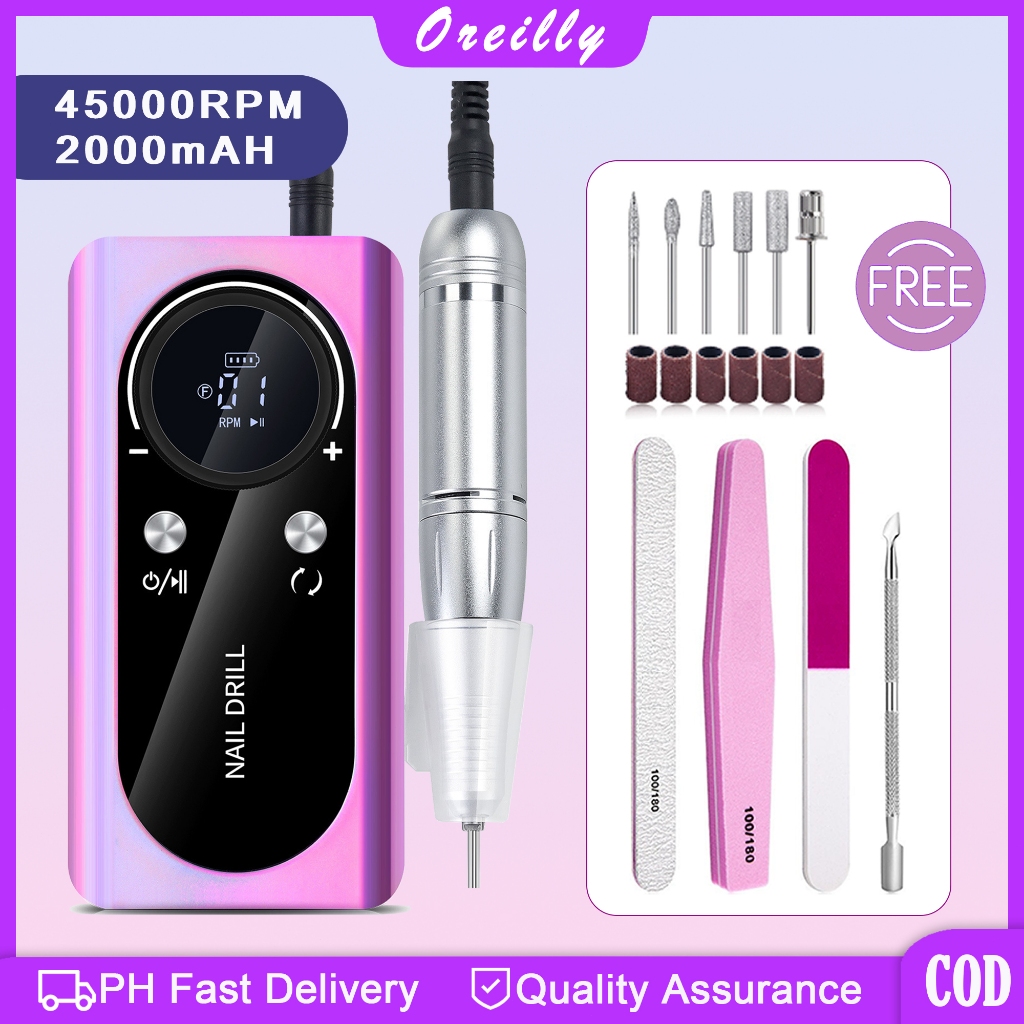 Rechargeable Electric Nail Drill Machine - 45,000 RPM - Portable, Low Noise - Purple - With Bits & Case