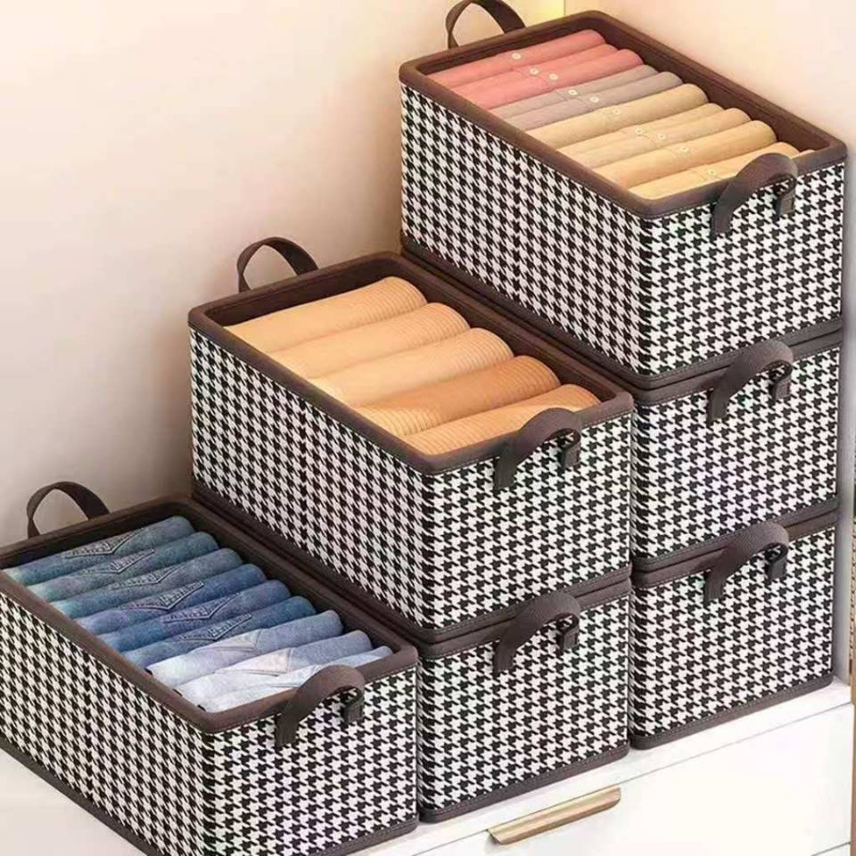 Modern Houndstooth Steel Frame Storage Box Square Fabric Folding ...