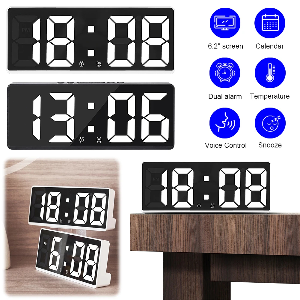 Smart LED Digital Alarm desk Clock Night Mode Desktop Table Clock 12 ...