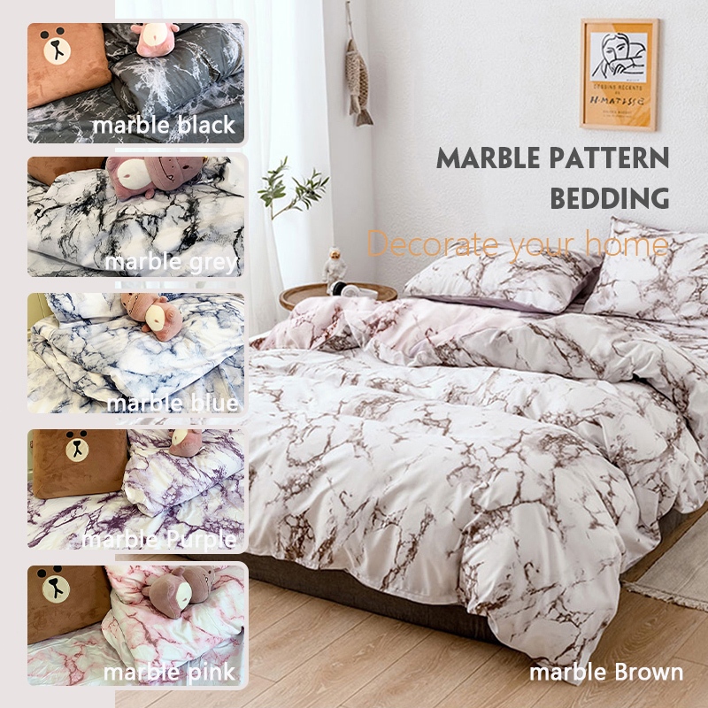 Gray AntiSlip Queen Size 4in1 Marble Style Bedsheet Set with 2