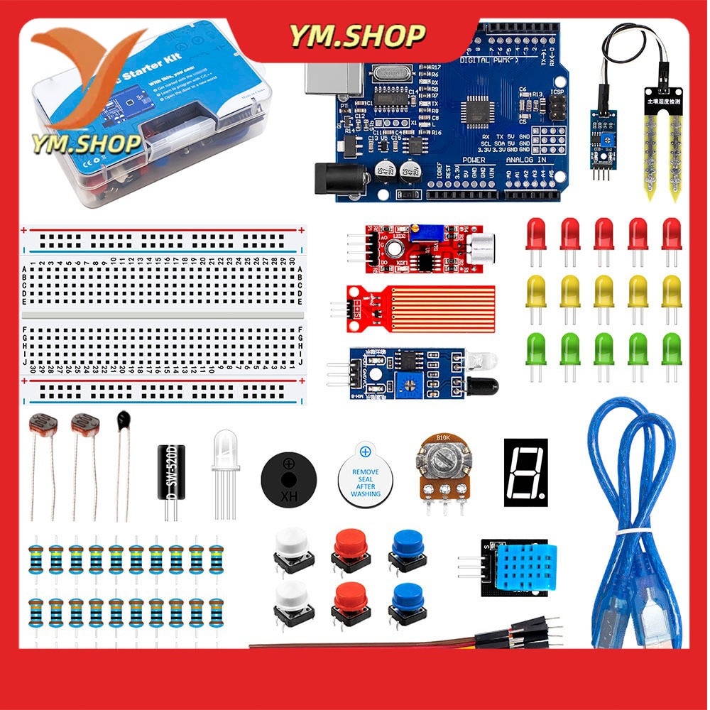 Basic Starter Kit For Arduino Uno R3 With Tutorial Code Breadboard Jumper Wire Diodes Obstacle