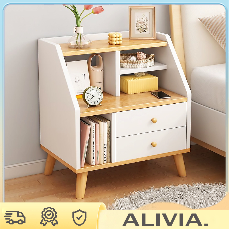 Alivia. Wooden leg storage rack Nordic bedside table with drawer ...