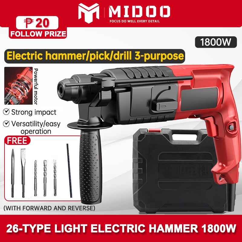 MIDOO 3 Mode Rotary Hammer Drill Chipping Gun Impact Drill 1800W Jack ...