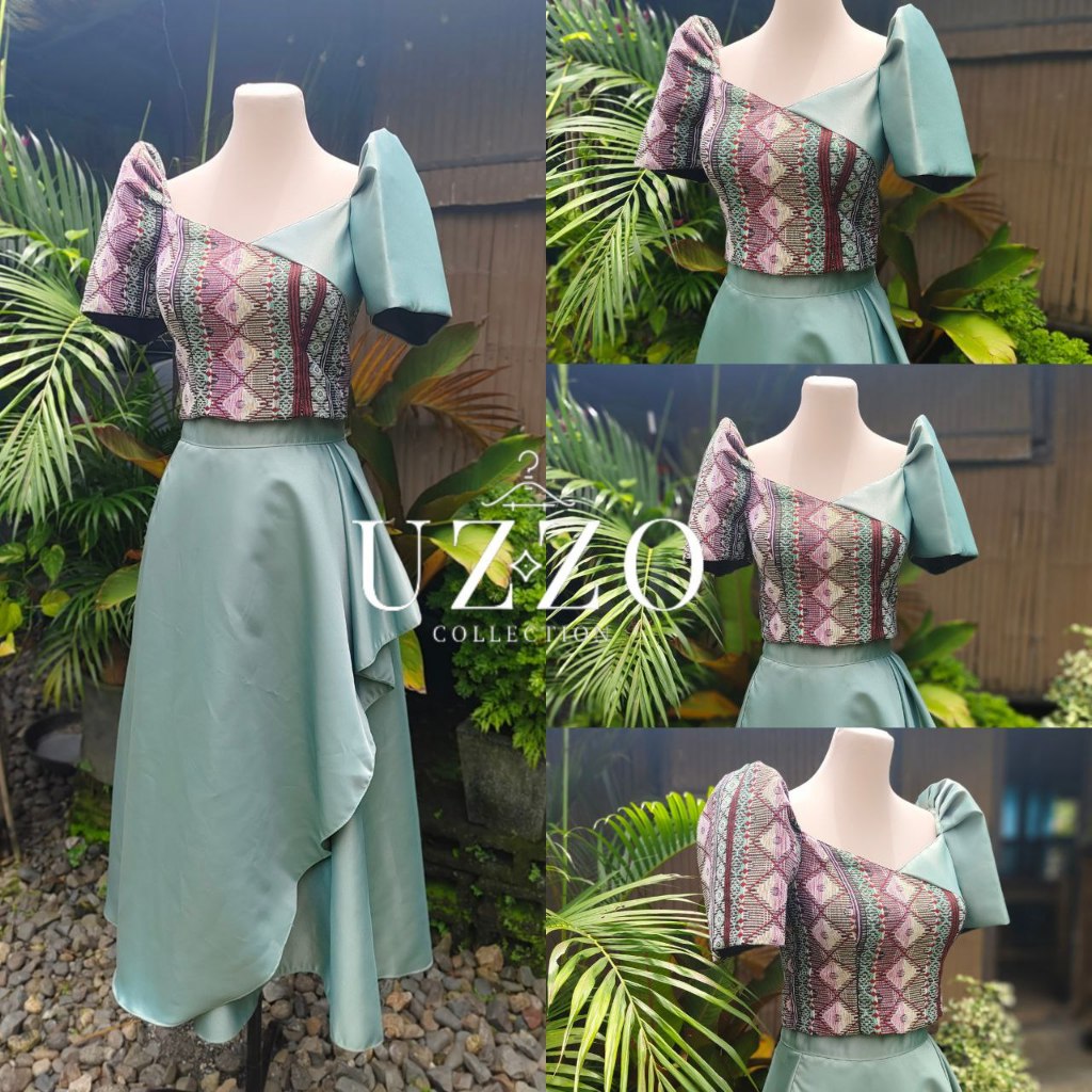UZZO Modern Filipiniana Ethnic Dutchess Elegant Blouse and Midi Skirt ...