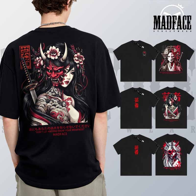 MADFACE CLOTHING Oversized Half-Faced Skull Geisha Japanese Culture  Cotton T-shirt