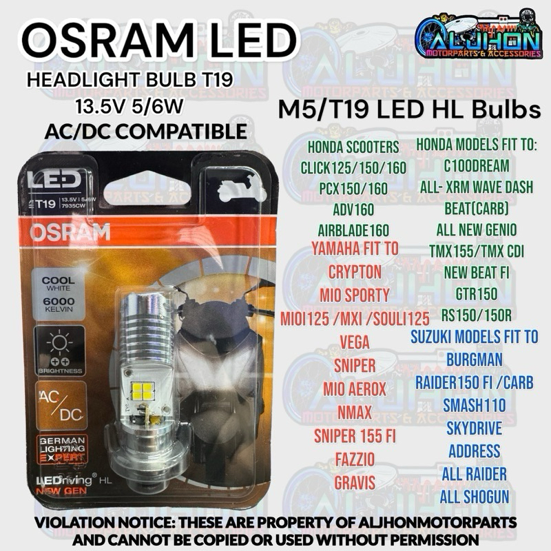 Osram LED T19 / 1Leg Motorcycle Headlight Bulb 7955 CW AC/DC PLUG AND ...