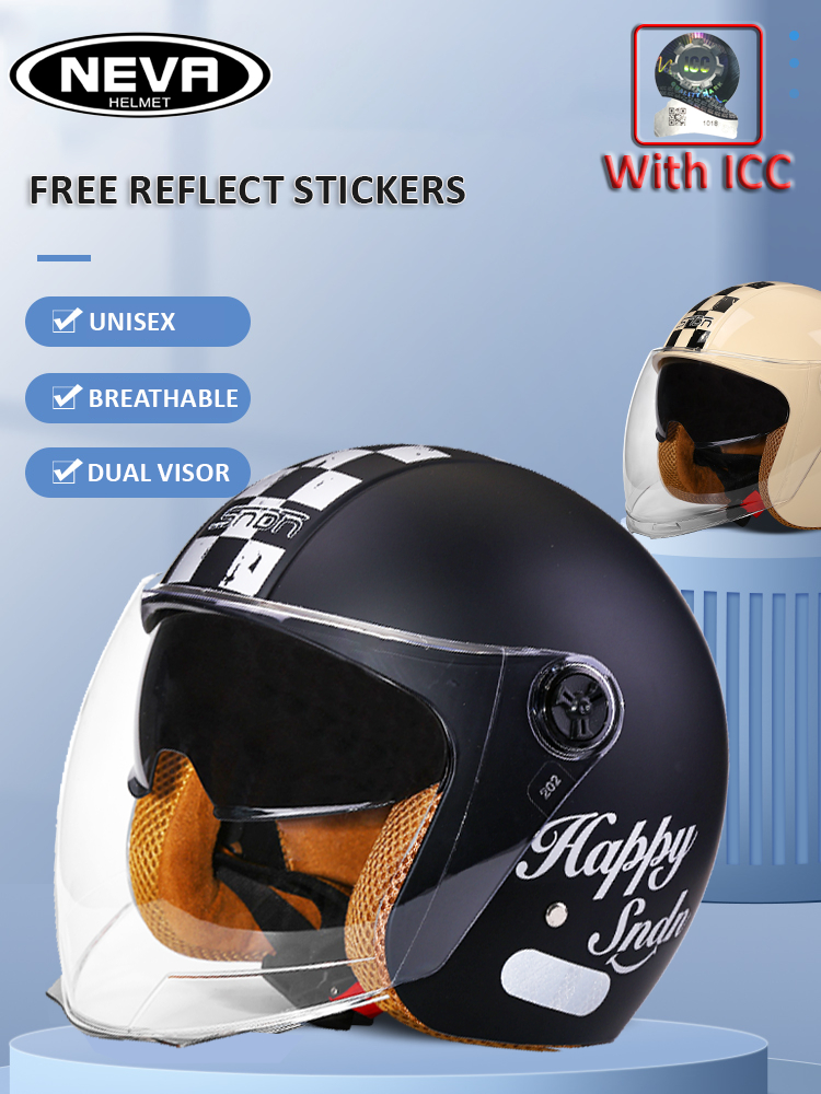 NEVA Retro Classic Motorcycle Helmet Open Face Dual Visor with ICC