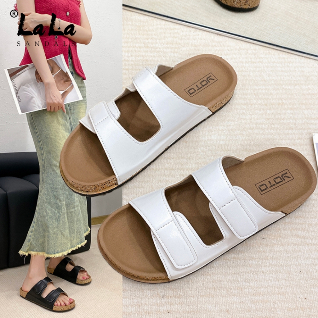 LALA Ajustable Strap Velcro Sandals Leather Material Two Strap Slip on ...