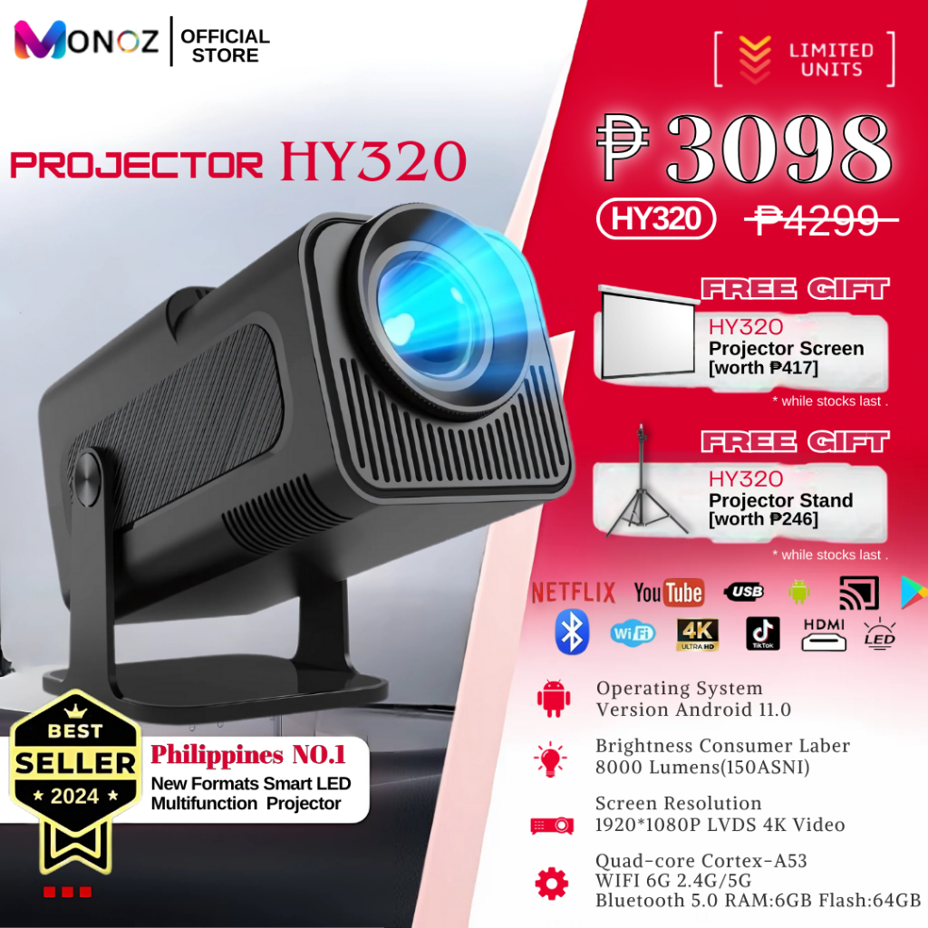 Projector MONOZ HY320/HY320 Mini PRO Portable Smart 6000 Lumens 4K UHD ...