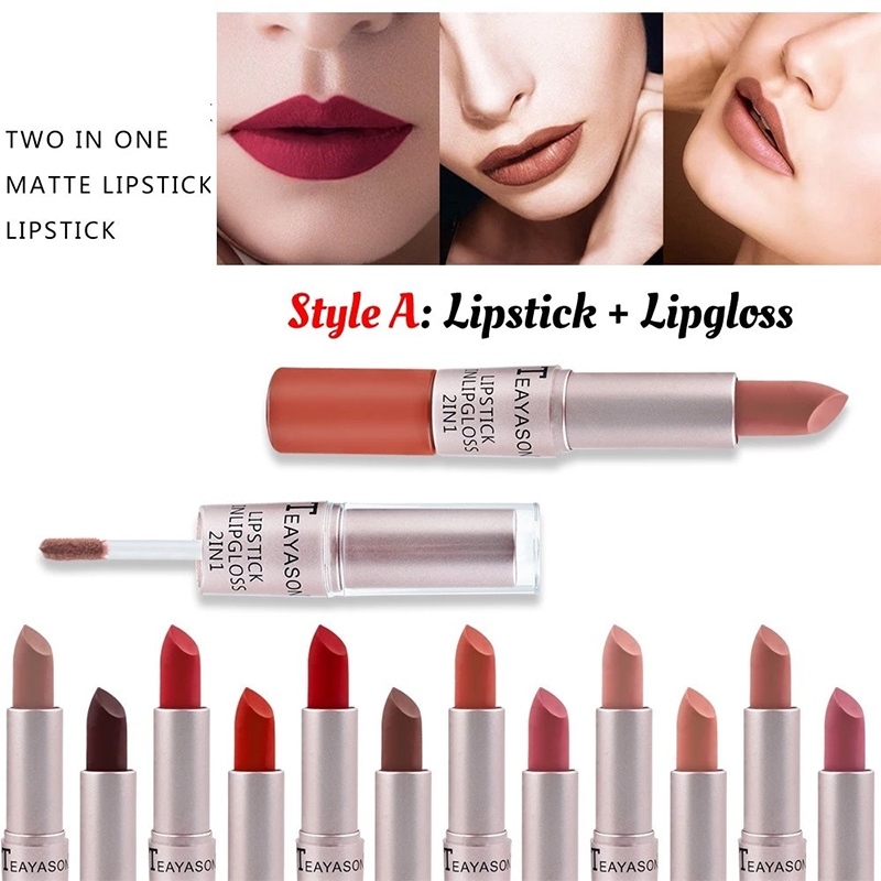 2 in 1 Double Head Matte Lipstick Liquid Set Waterproof Silk Velvet Lip ...