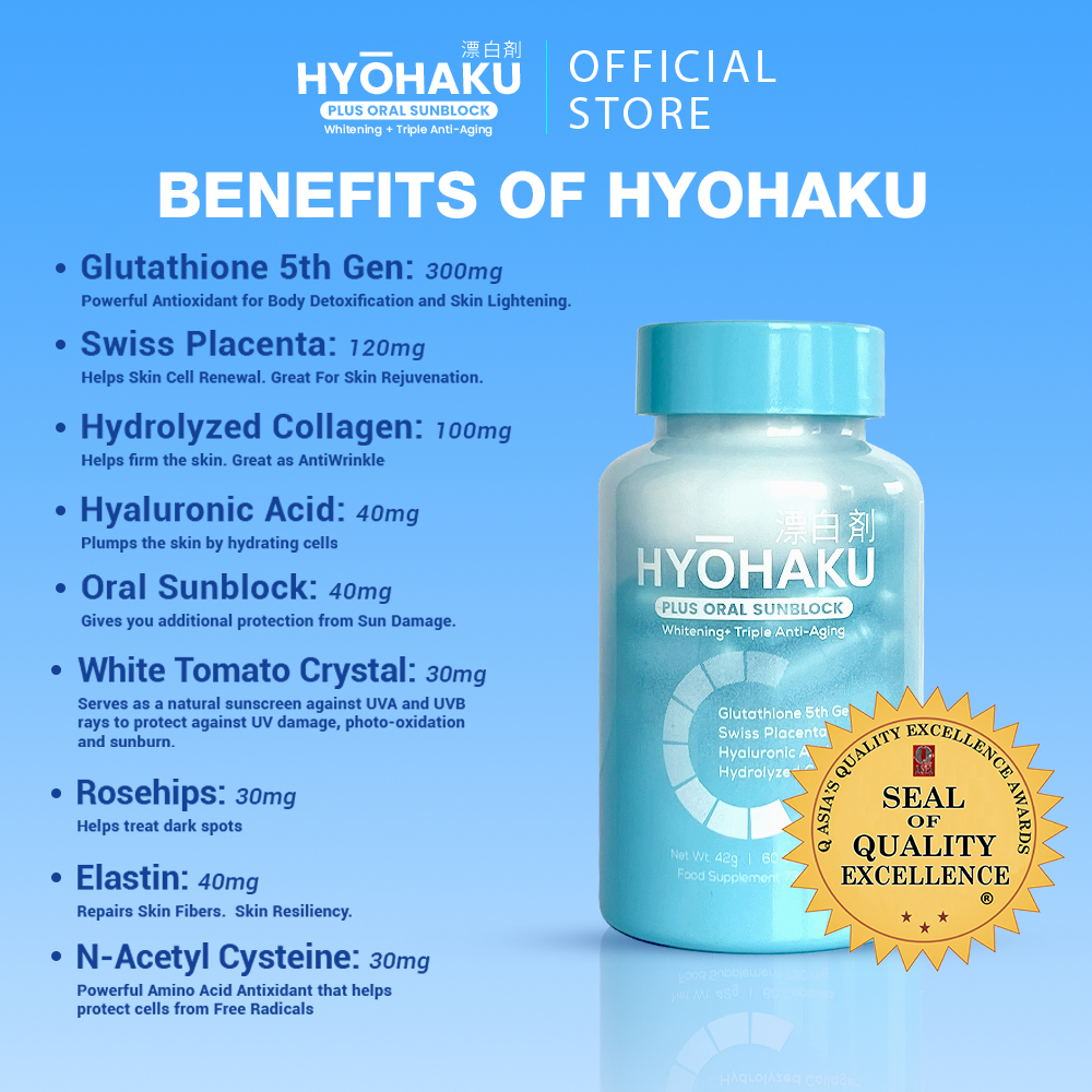hyohaku glutathione Plus Oral Sunblock Whitening 5th Gen Anti-Aging Natural Sunscreen Pack of 3 Mg:100 Botox और Glutathione से Korean Clean Beauty