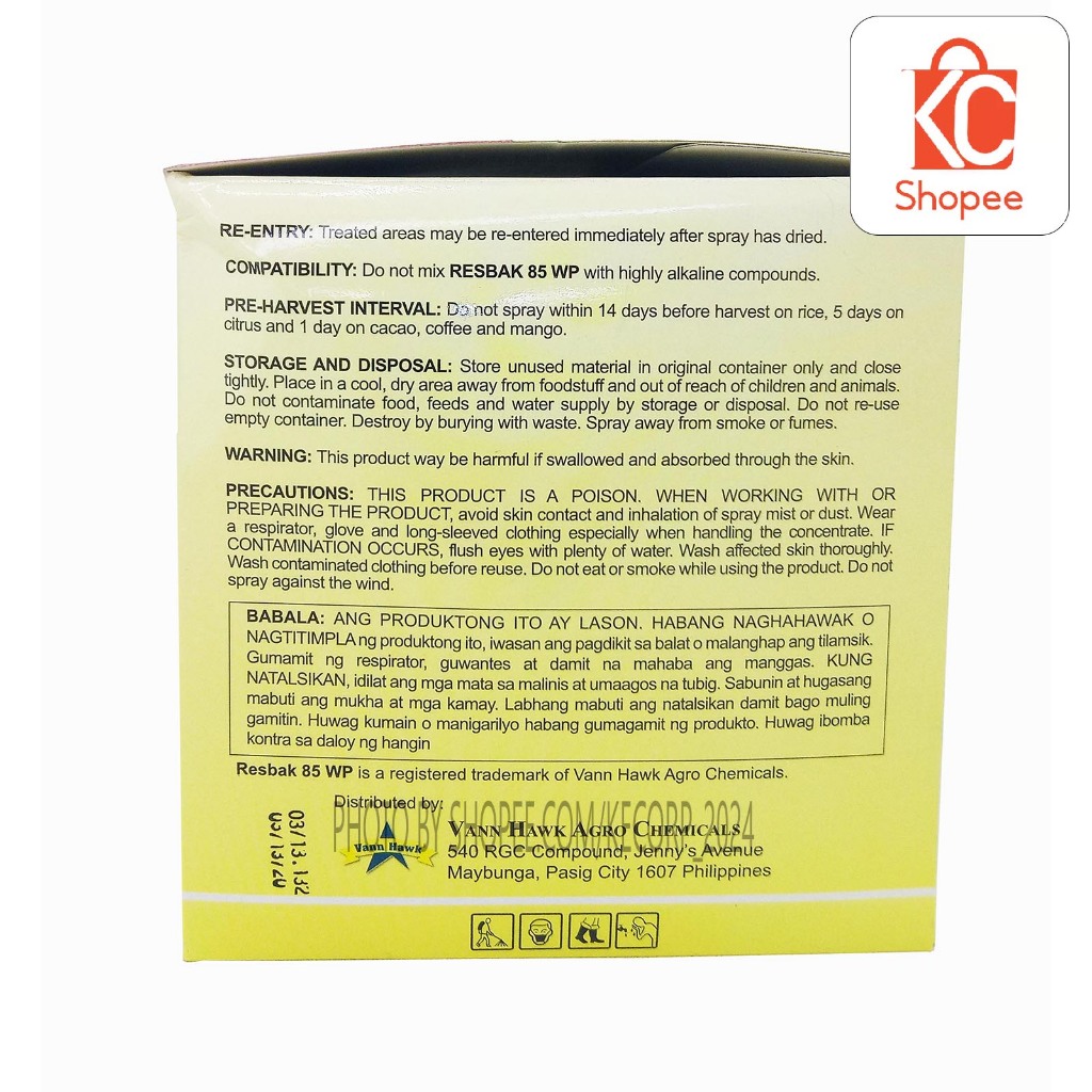 Resbak Carbaryl 85WP 1 BOX WHOLESALE (1KG) Insecticide by Vann Hawk ...