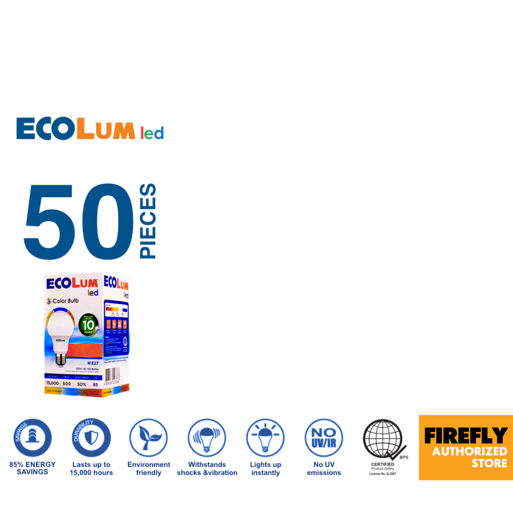 50pcs or 1 Box Firefly Ecolum Tri-Color LED Bulb | Shopee Philippines