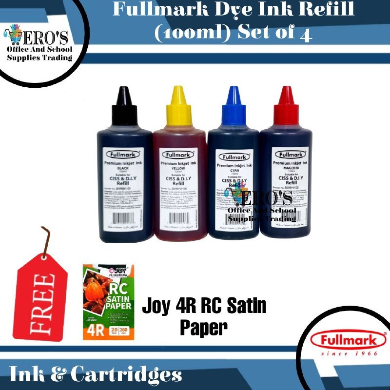 Fullmark Inkjet Dye Ink Universal Ink Refill 100m (Set of 4) with FREE ...