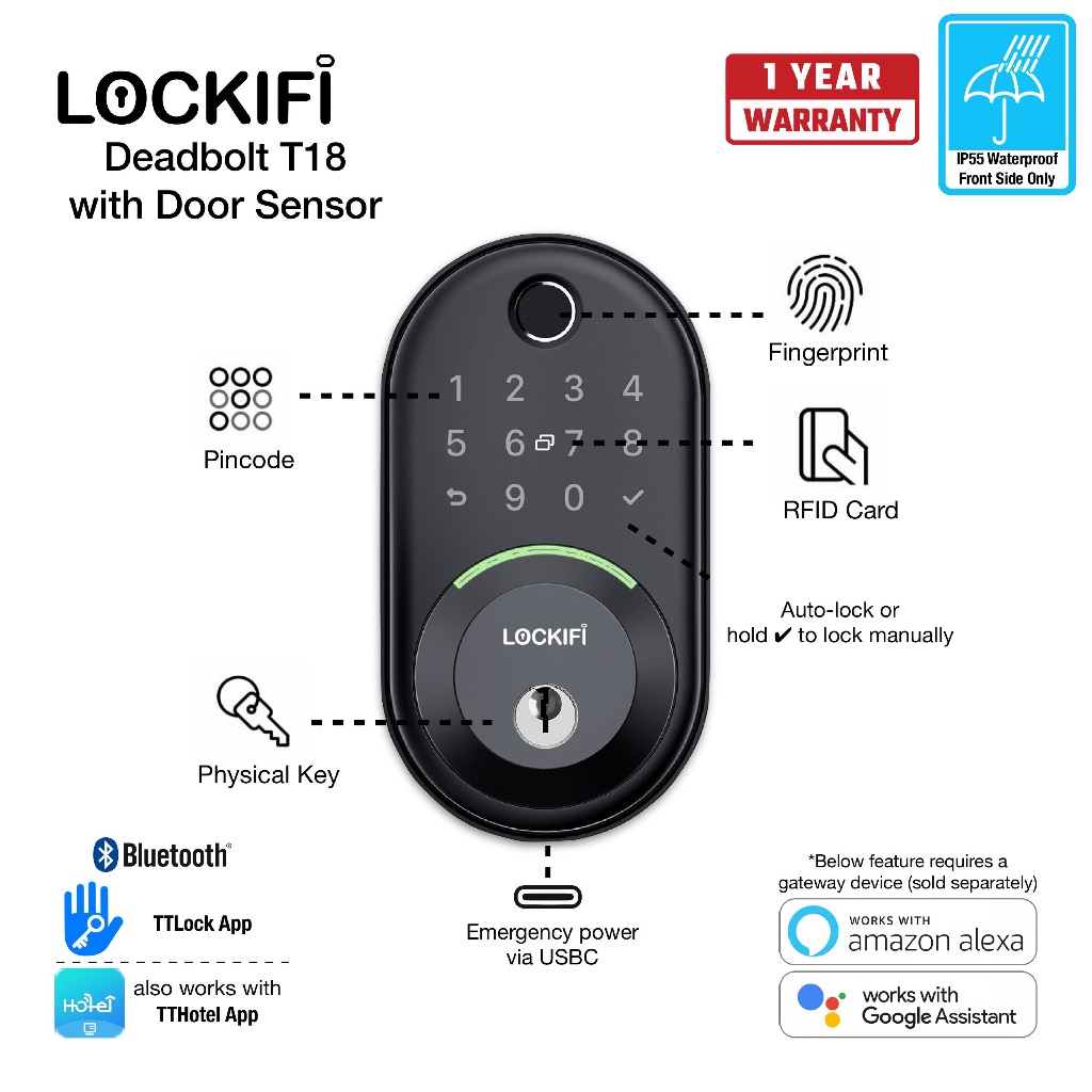 Lockifi Smart Lock Deadbolt T18 Black - TTLock app, fingerprint, card ...