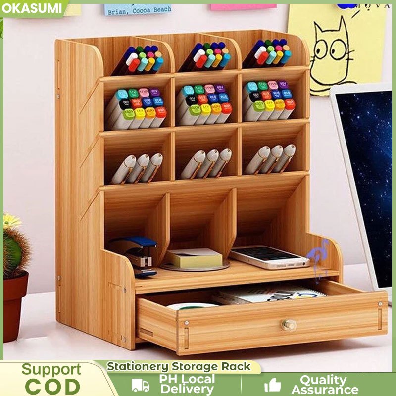 Okasumi Wooden Stationery Pen Storage Rack Multifunction DIY Office ...